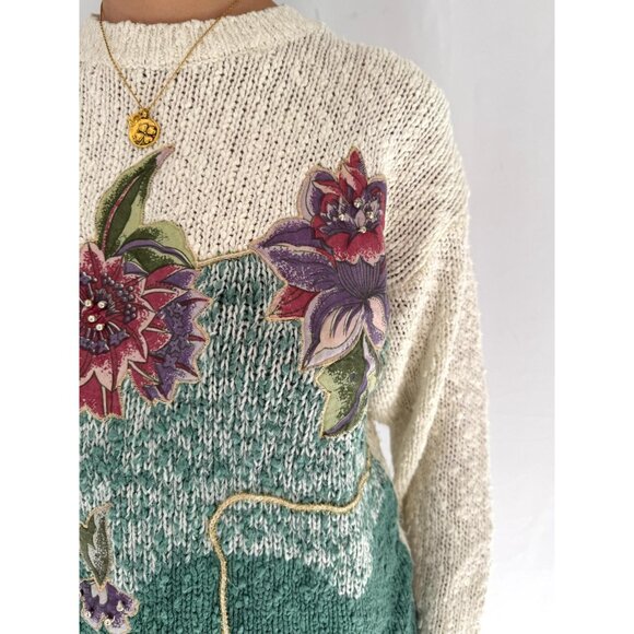 80s vintage floral embroidered applique fairy grandma long sleeved knit sweater - Picture 7 of 9